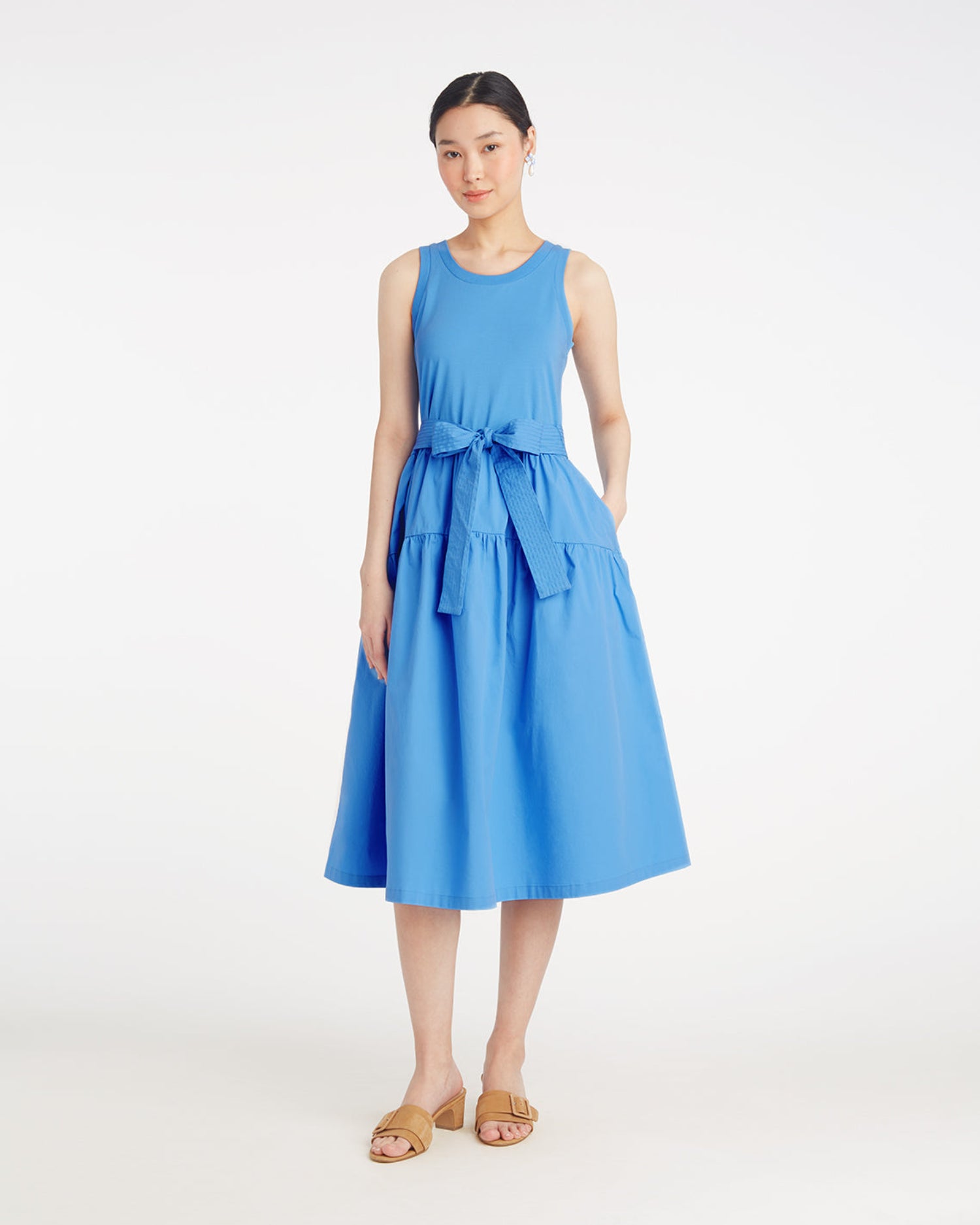 Lila Mixed Media Midi Dress in Light Blue | Color - Light Blue / L | Draper James Lila Mixed Media Midi Dress in Light Blue | Color - Light Blue / L | Draper James