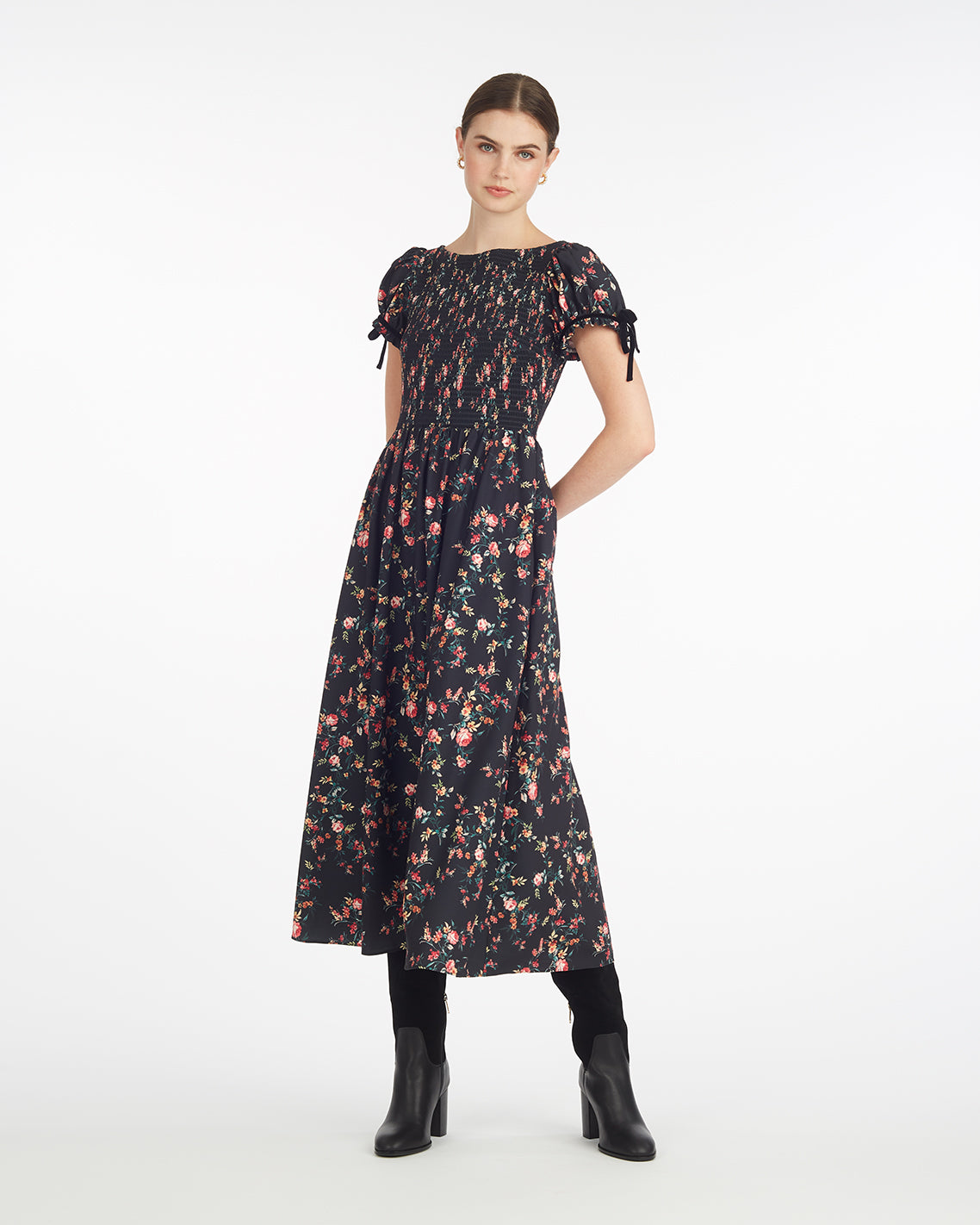 smocked midi dress with sleeves Kelsey Smocked Midi Dress in Garden Rose | Color - Garden Rose / XXL