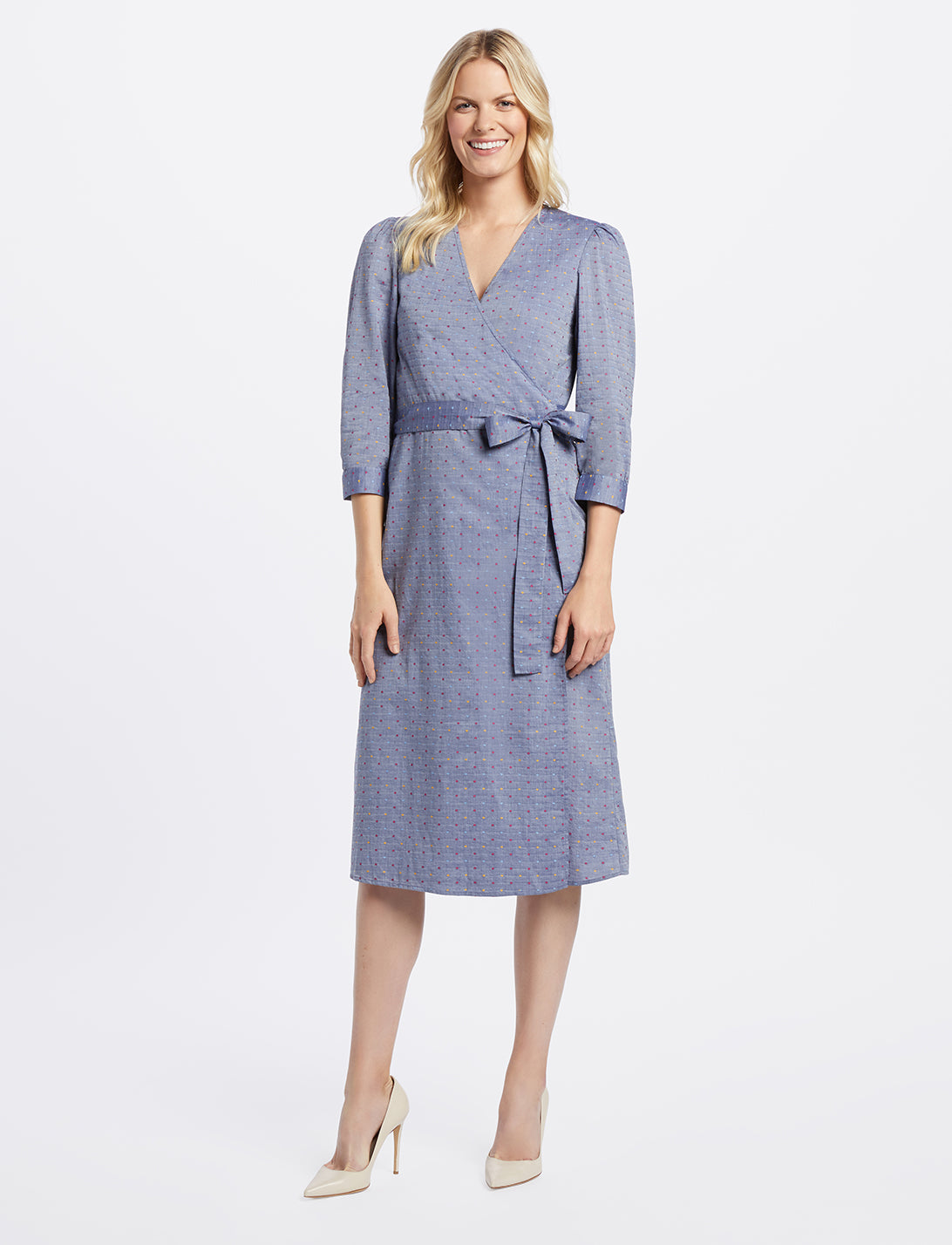 Embroidered Dot Chambray Wrap Dress