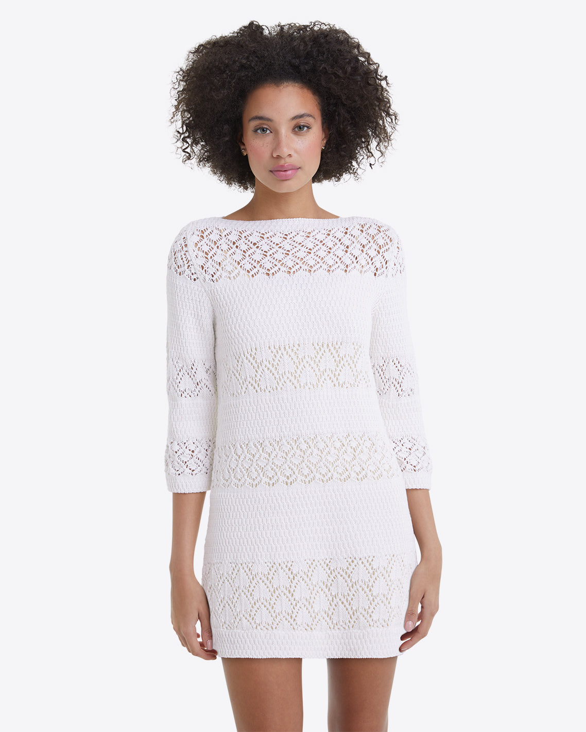 Crochet Long Sleeve Dress in White