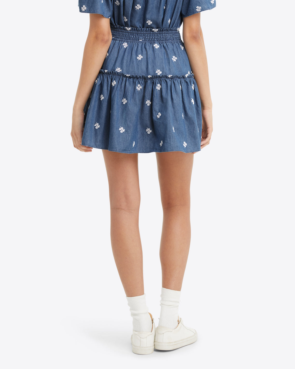 Pull on Skirt in Embroidered Chambray