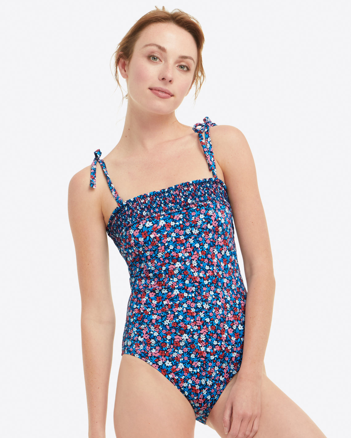 SMOCKING Bandeau One-piece Swimsuit - Ditsy floral