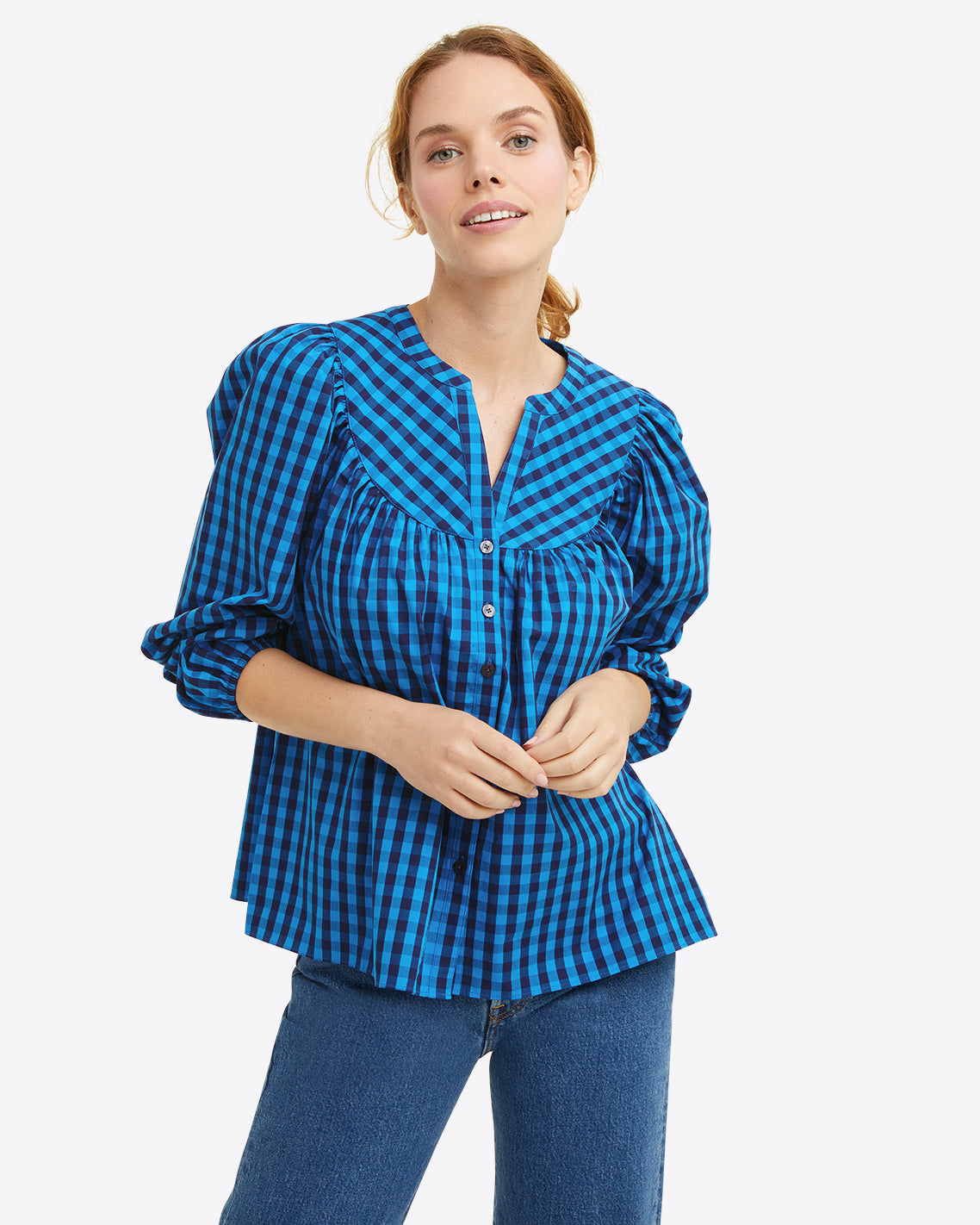 Button-Front Top in Blue Gingham