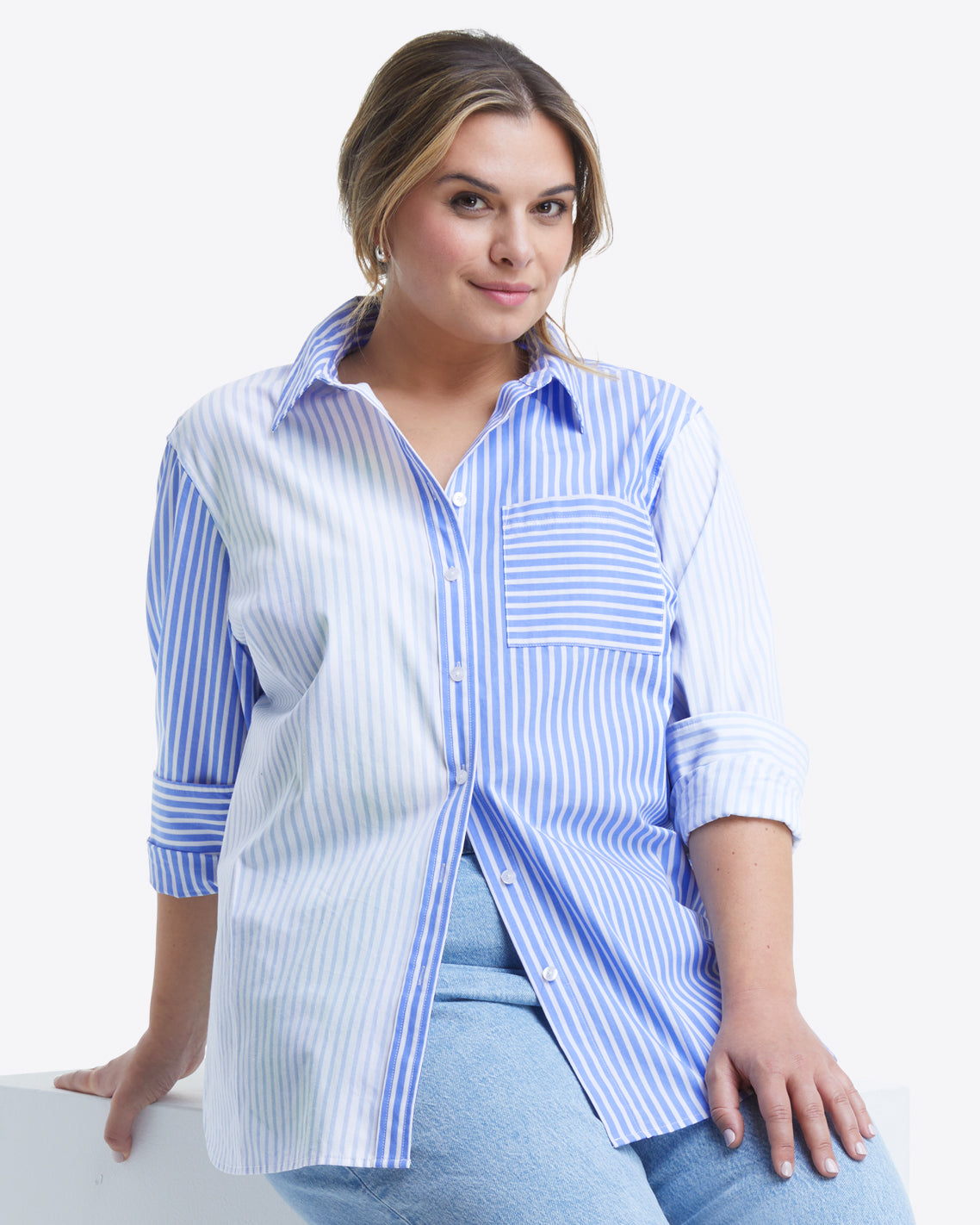 Blue Denim Dress Jumper with Long Sleeve Stripe Shirt Design Template