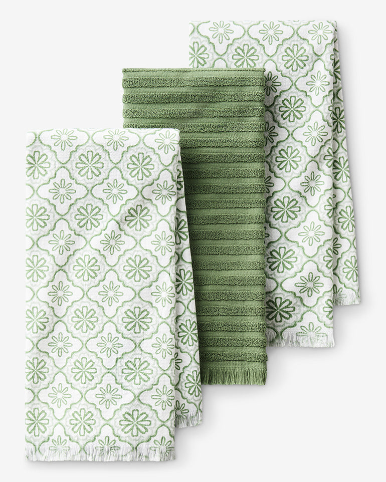 Geometric Floral Kitchen Towel Set in Seafoam
