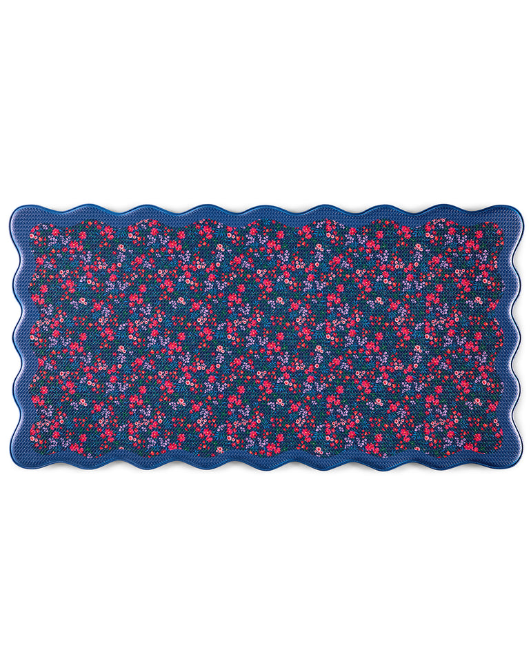 Navy Field Flowers Scallop Edge Kitchen Mat
