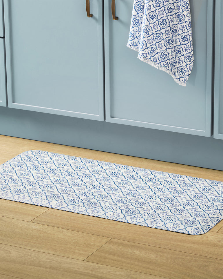 Geometric Floral Kitchen Mat in Blue