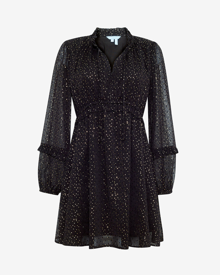Leah Long-Sleeve Mini Dress in Foil Dot