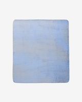 A rectangular blanket with a light blue and white horizontal stripe pattern, shown flat against a light gray background.