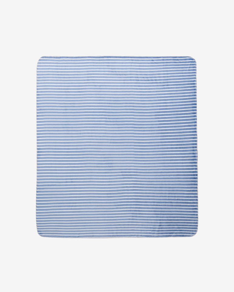 A rectangular blanket with a light blue and white horizontal stripe pattern, shown flat against a light gray background.