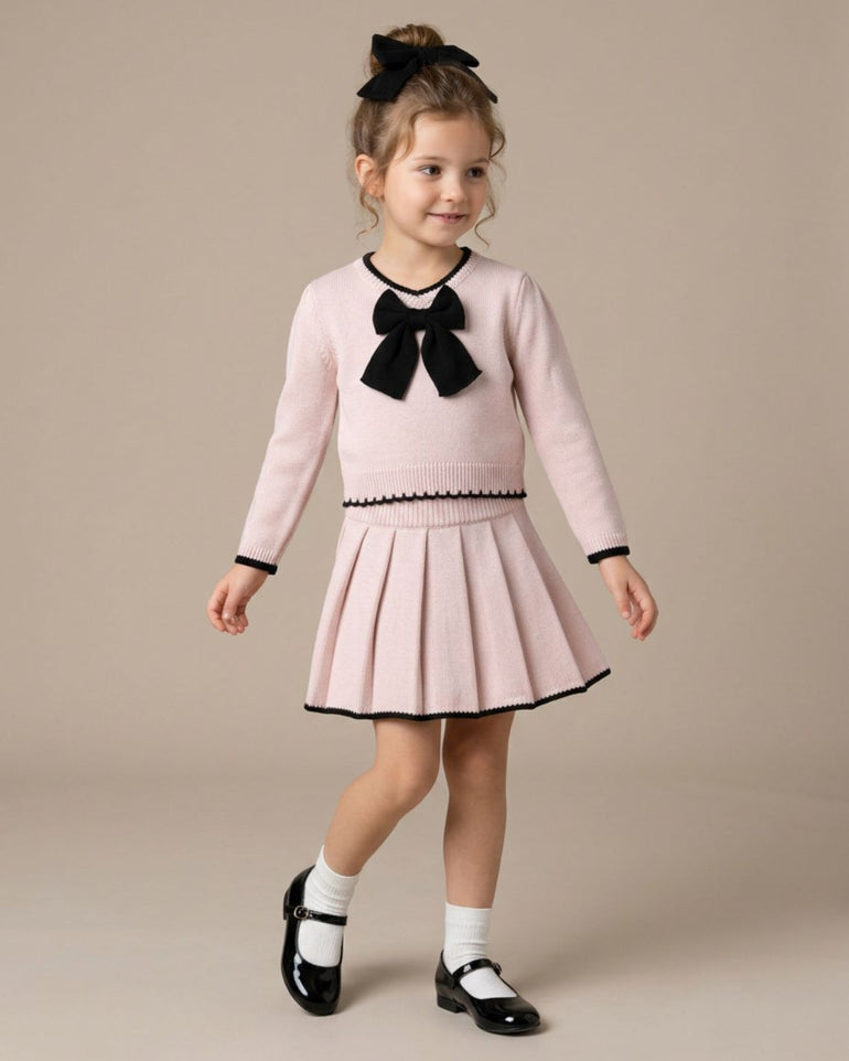 Sweater Knit Skirt Set in Pink with Bow