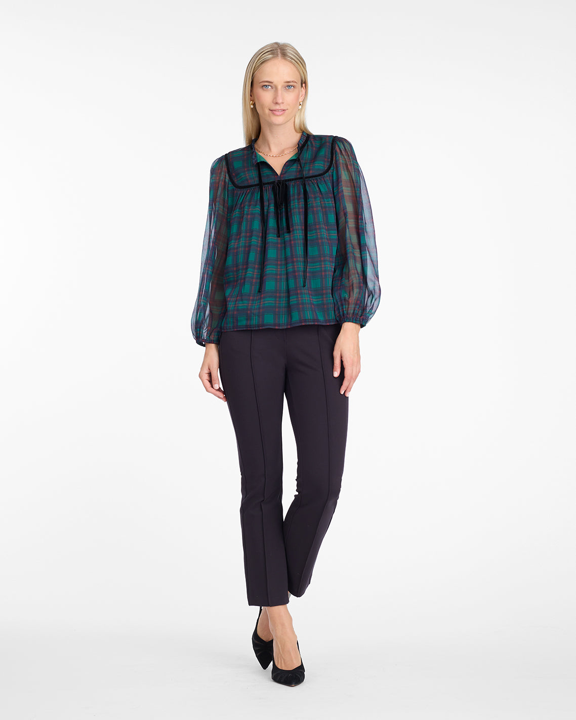 Bow Long-Sleeve Top in Evergreen Tartan