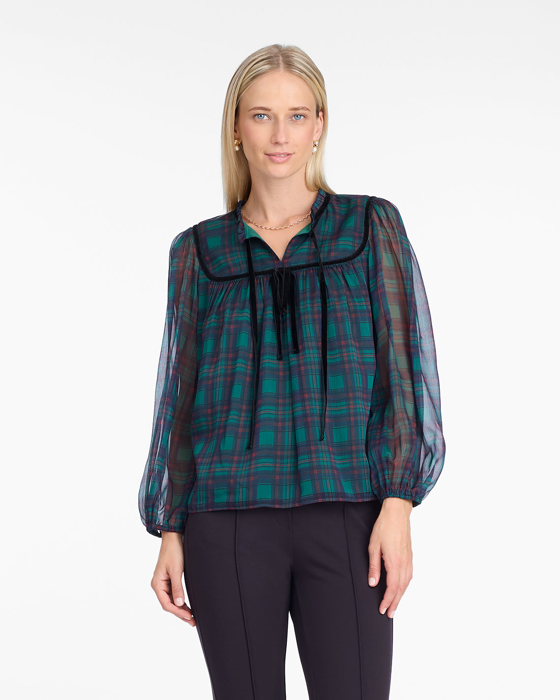 Bow Long-Sleeve Top in Evergreen Tartan