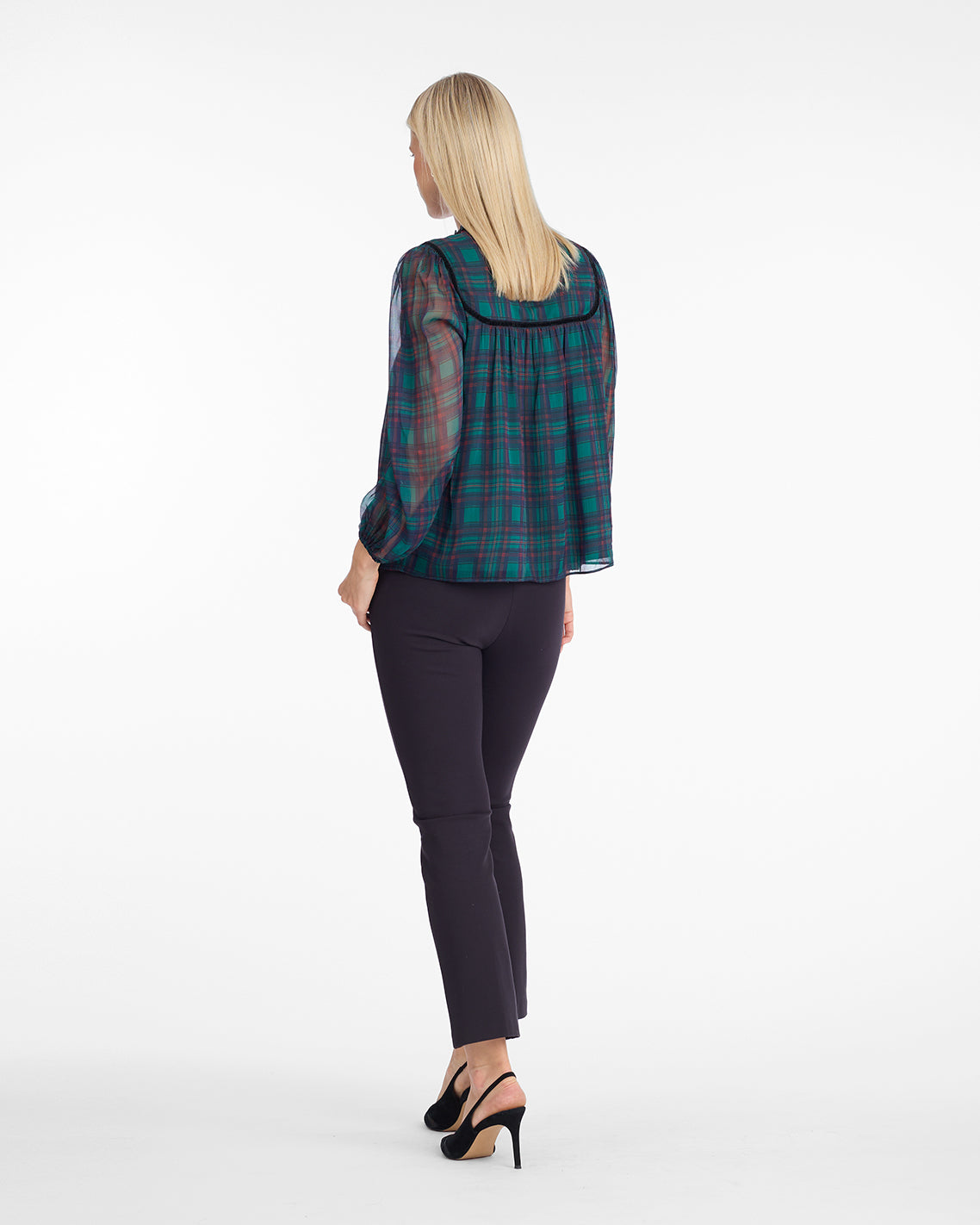 Bow Long-Sleeve Top in Evergreen Tartan