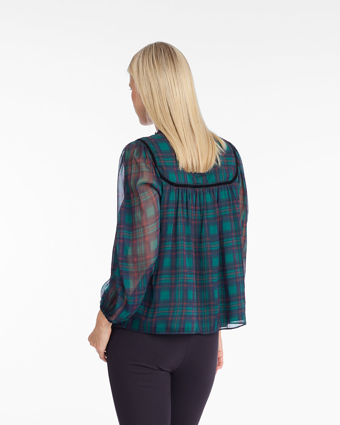 Bow Long-Sleeve Top in Evergreen Tartan