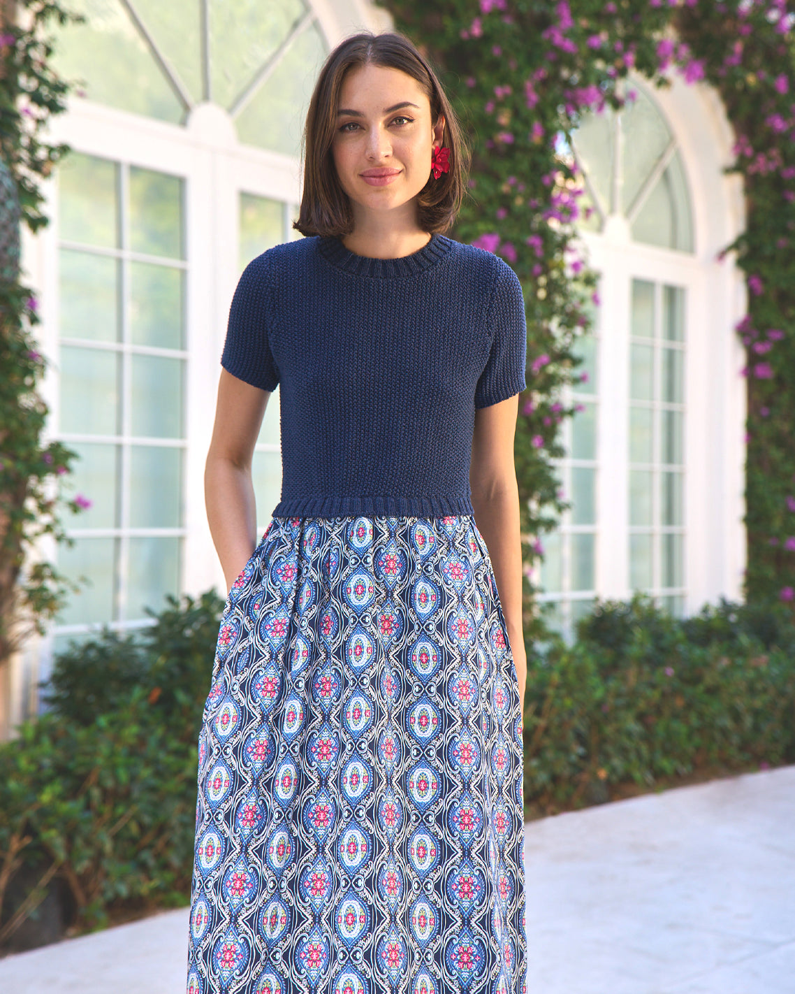 Chiara Mixed Media Midi Dress | Color - Nassau Navy Multi / L
