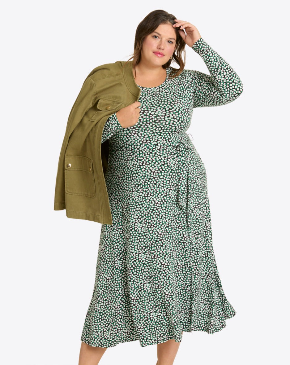 Robin Long Sleeve Midi Dress in Green Square Dot