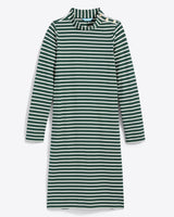 The Draper James Elsie Turtleneck Dress in Green Stripe features a green and white striped cotton jersey fabric, a high neck, and three buttons on the left shoulder.