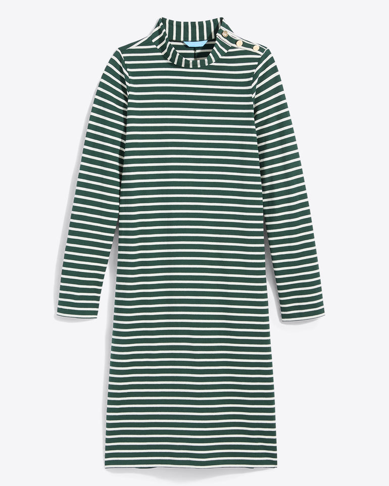 The Draper James Elsie Turtleneck Dress in Green Stripe features a green and white striped cotton jersey fabric, a high neck, and three buttons on the left shoulder.