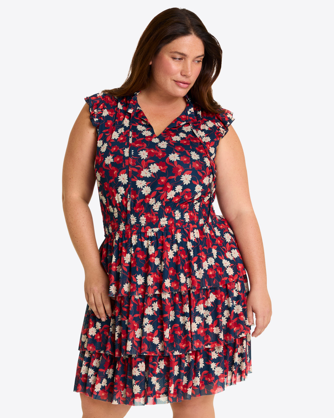 Alana Tiered Dress in Stretch Mesh Nassau Navy Multi Blossom / 2X Alana Tiered Dress in Stretch Mesh Nassau Navy Multi Blossom / 2X
