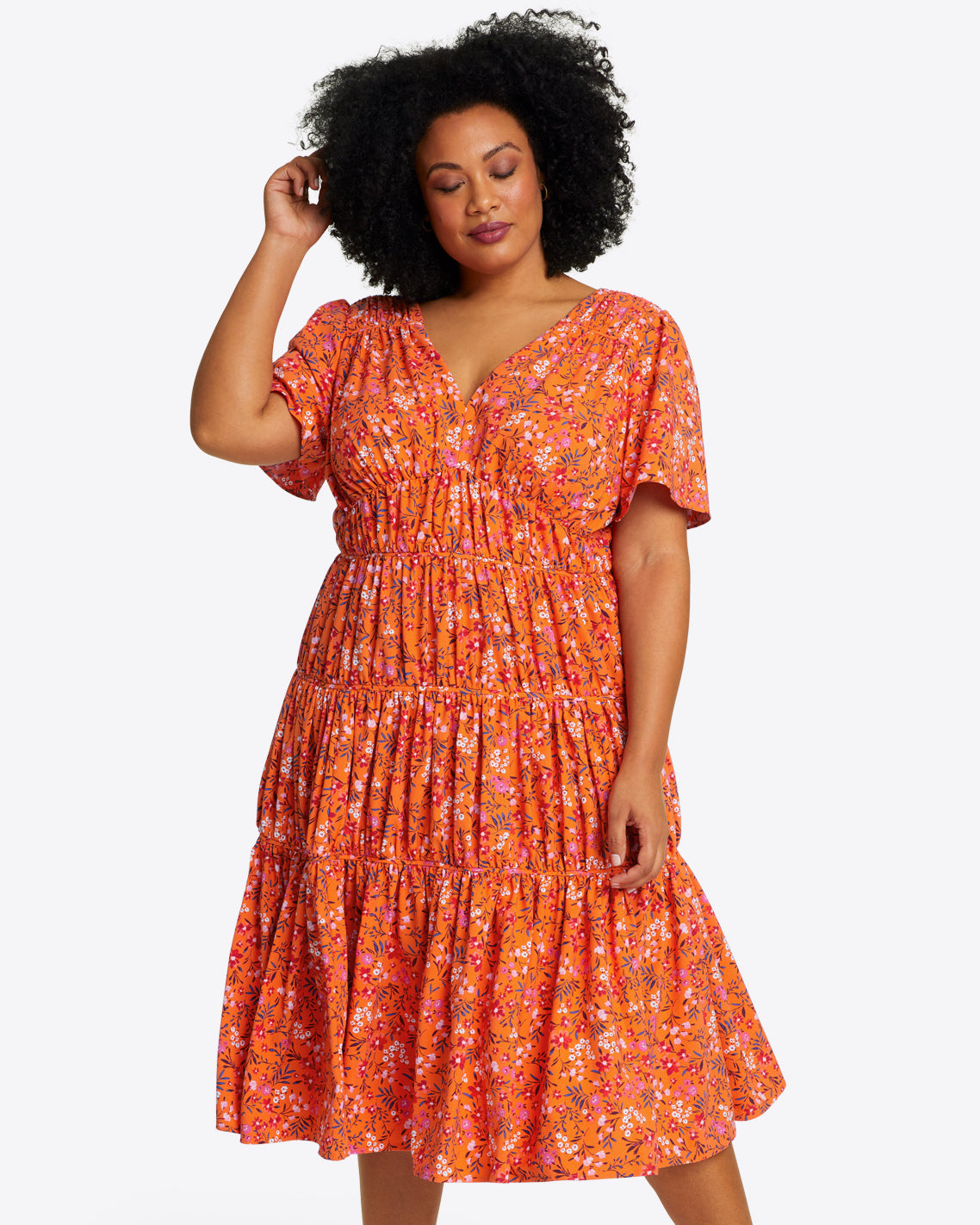 Margo Flutter Sleeve Dress in Apricot Pansy Floral