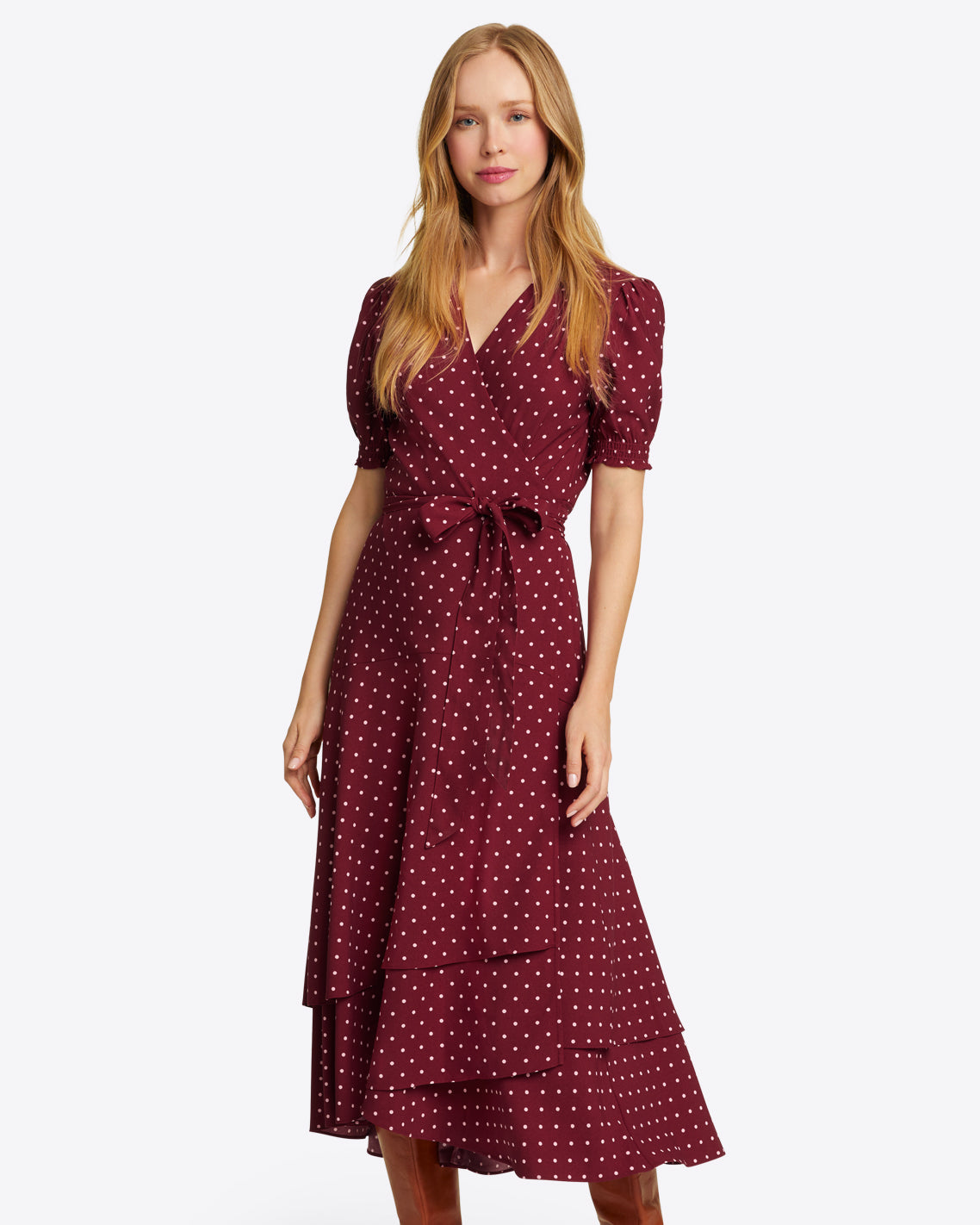Naomi Wrap Dress in Merlot Polka Dot