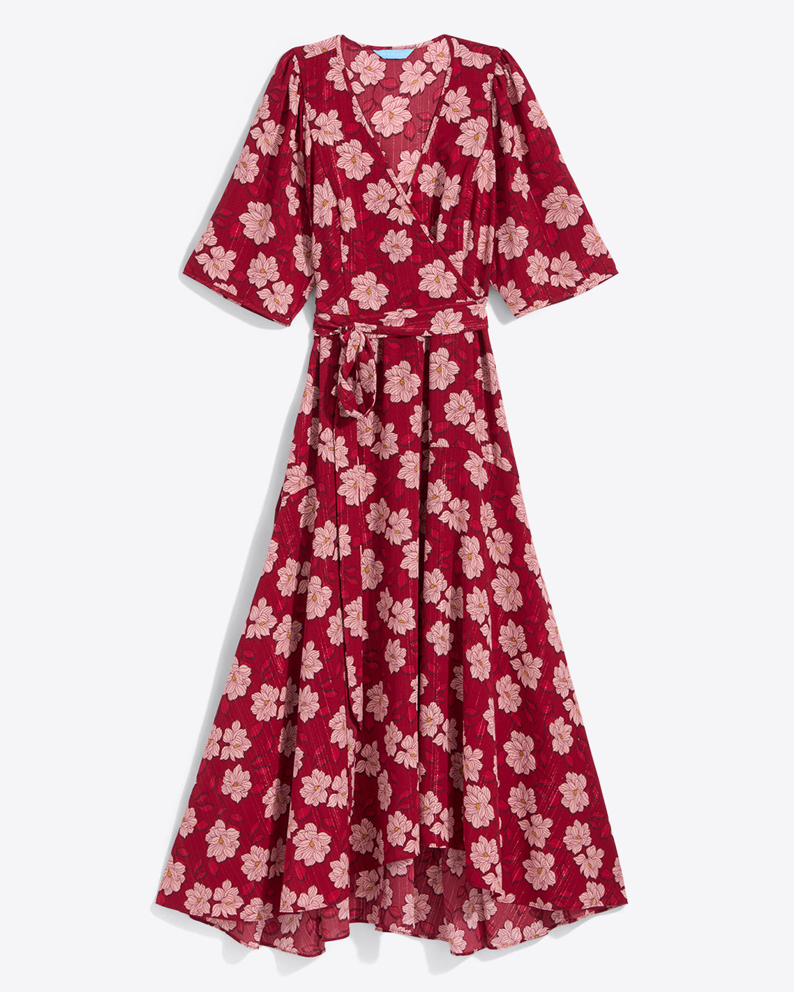 The Fiona Wrap Midi Dress in Lurex Crepe by Draper James features a red hue with pink florals, half sleeves, V-neck, matching waist tie, and a high-low hem. Available in plus sizes.
