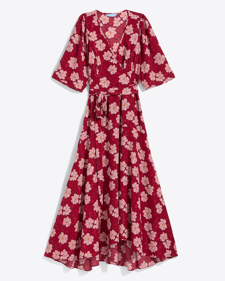 The Fiona Wrap Midi Dress in Lurex Crepe by Draper James features a red hue with pink florals, half sleeves, V-neck, matching waist tie, and a high-low hem. Available in plus sizes.