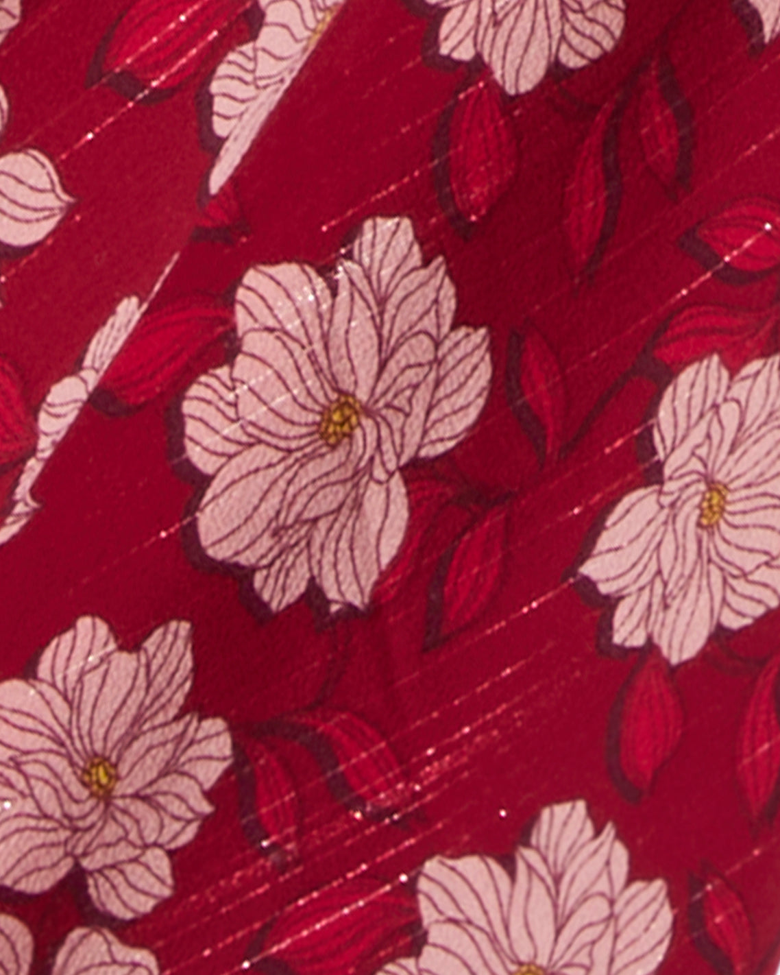 Close-up of the Fiona Wrap Midi Dress in Lurex Crepe by Draper James, featuring a red floral pattern with white flowers, red leaves, and a chic high-low hem.