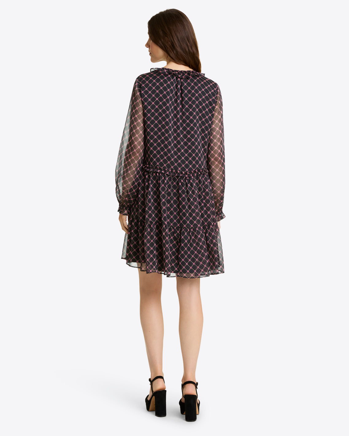 long sleeve crinkle dress Connie Long-Sleeve Dress in Crinkle Chiffon Black Daisy Trellis / XS
