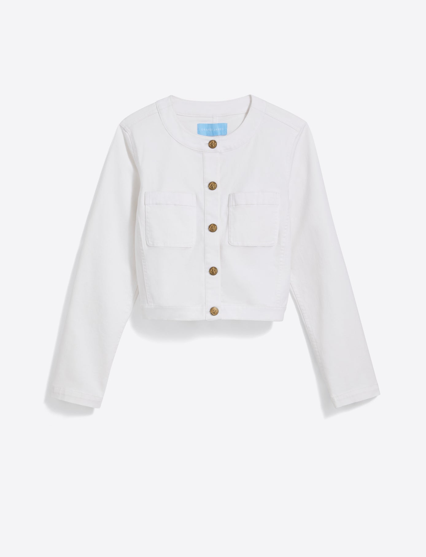 Collarless Jacket in White Denim