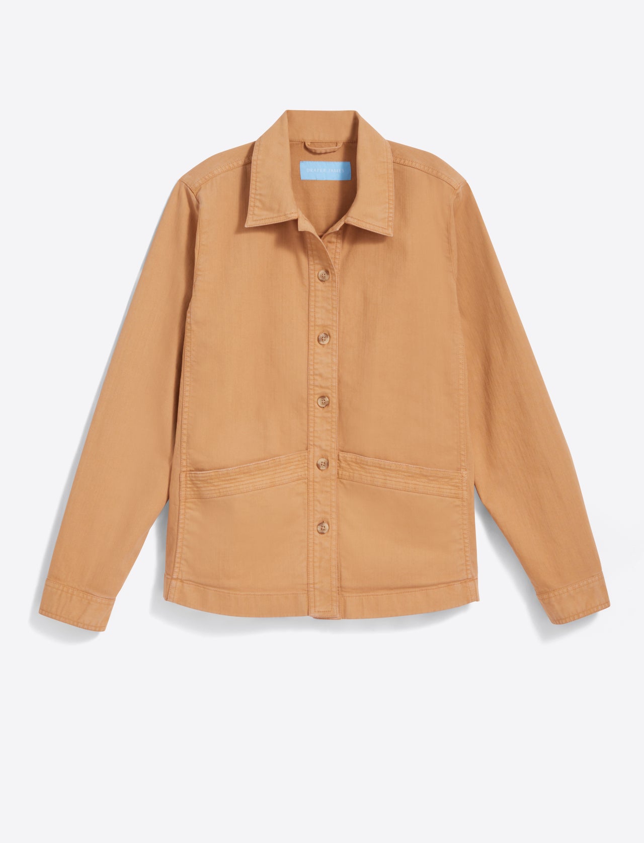 The Draper James Utility Jacket in Cotton Twill, featuring a collar and two front pockets, is presented in tan against a white background, ideal for layering in spring.