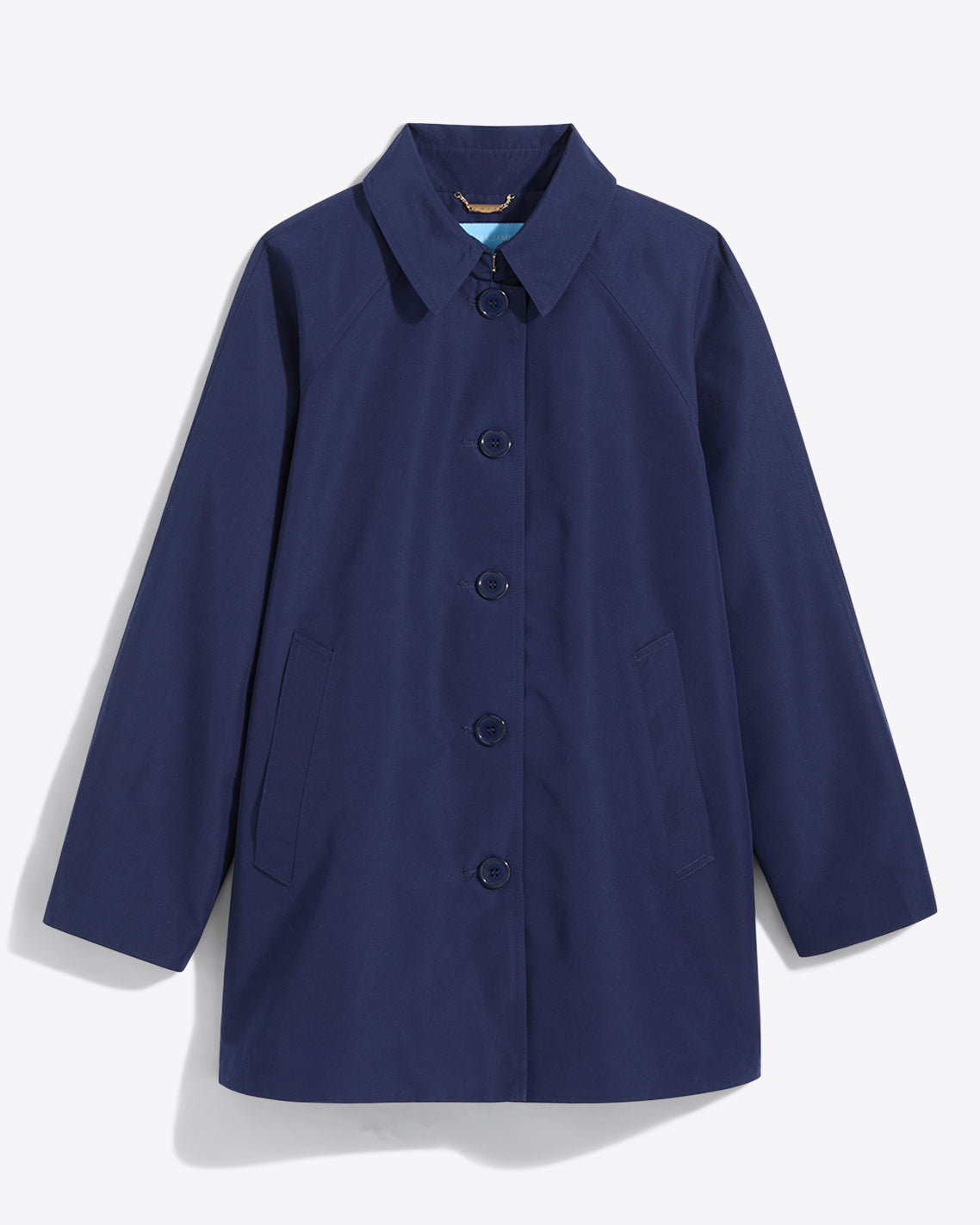 The Draper James Button Front Coat in navy blue features a classic silhouette, collar, and two front pockets, shown against a plain white background.