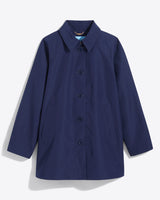 The Draper James Button Front Coat in navy blue features a classic silhouette, collar, and two front pockets, shown against a plain white background.