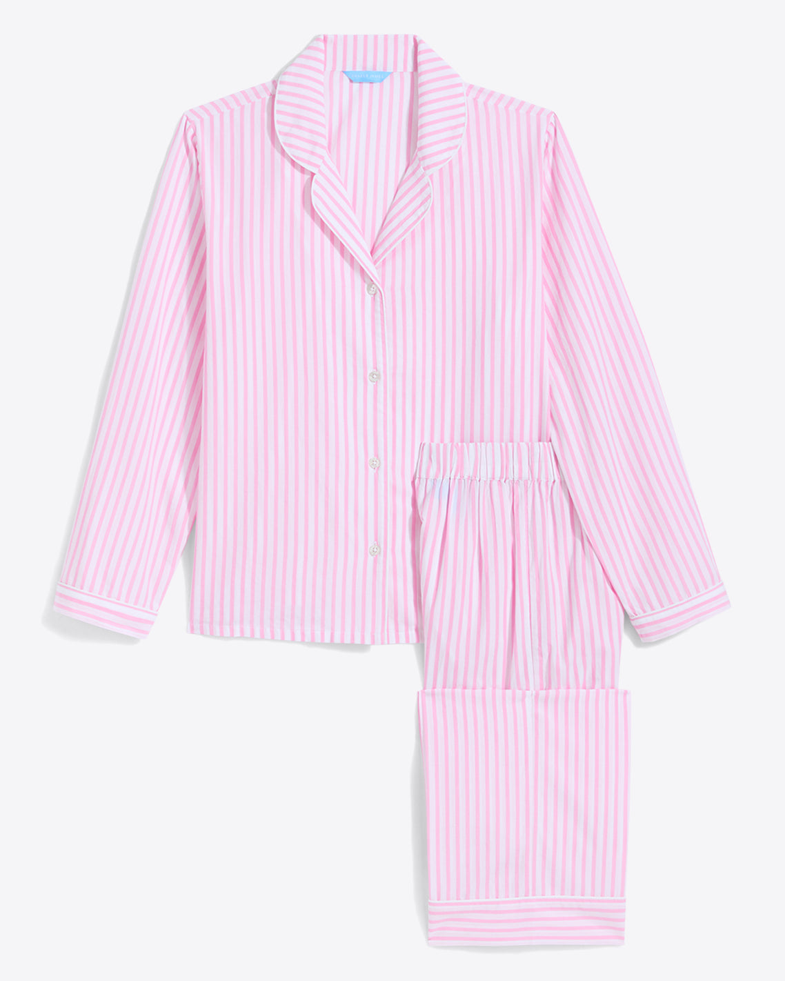 The Linda Pajama Set features pink and white striped pajamas made from 100% cotton, including a long-sleeved button-up top and matching elastic waist pants, all against a plain background for an elegant look.