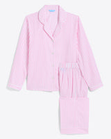 The Linda Pajama Set features pink and white striped pajamas made from 100% cotton, including a long-sleeved button-up top and matching elastic waist pants, all against a plain background for an elegant look.