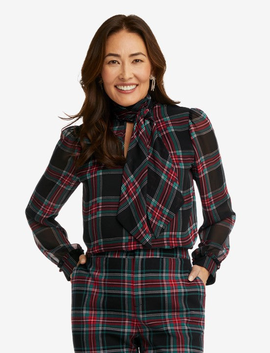 Tie Neck Top Georgia Plaid