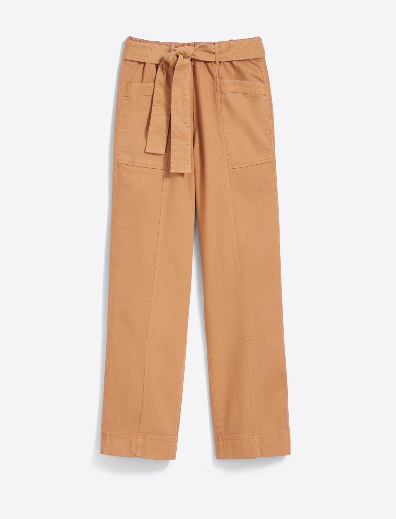 The Draper James Utility Pant in Cotton Twill is a tan wide-leg style with a tied waistband, large front pockets, and visible seams. Made from stretch-cotton for a relaxed fit, it is showcased on a plain background.