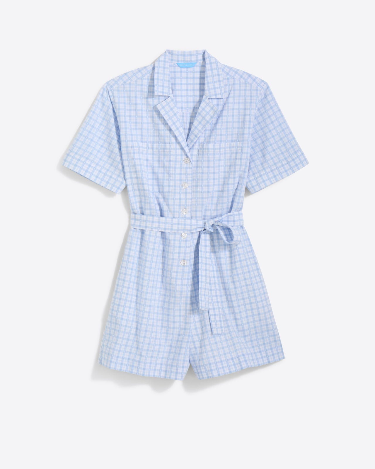 Meet the Draper James Tie Waist Romper—a light blue and white gingham piece featuring short sleeves, a button front, collar, and matching waist tie—perfect for effortless everyday style.