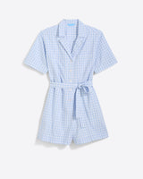 Meet the Draper James Tie Waist Romper—a light blue and white gingham piece featuring short sleeves, a button front, collar, and matching waist tie—perfect for effortless everyday style.