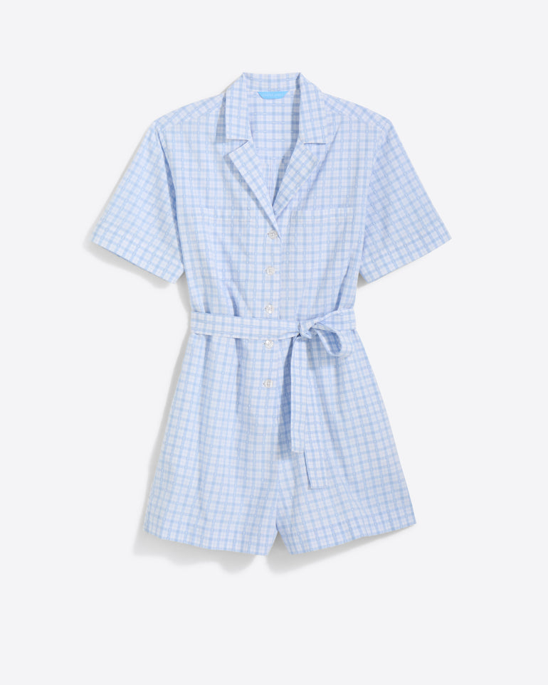 Meet the Draper James Tie Waist Romper—a light blue and white gingham piece featuring short sleeves, a button front, collar, and matching waist tie—perfect for effortless everyday style.