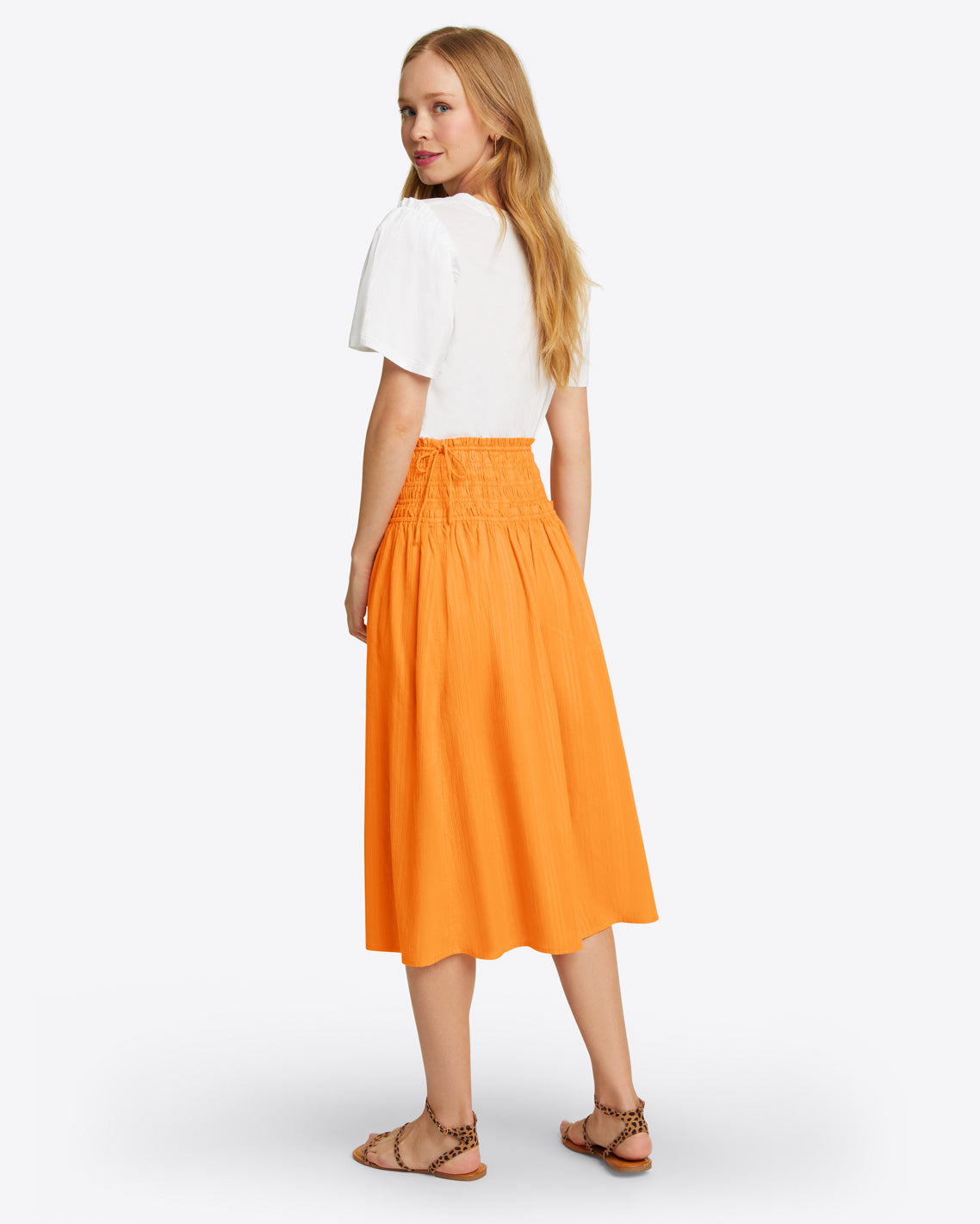Smocked Waist Midi Skirt in Marigold Dobby Stripe