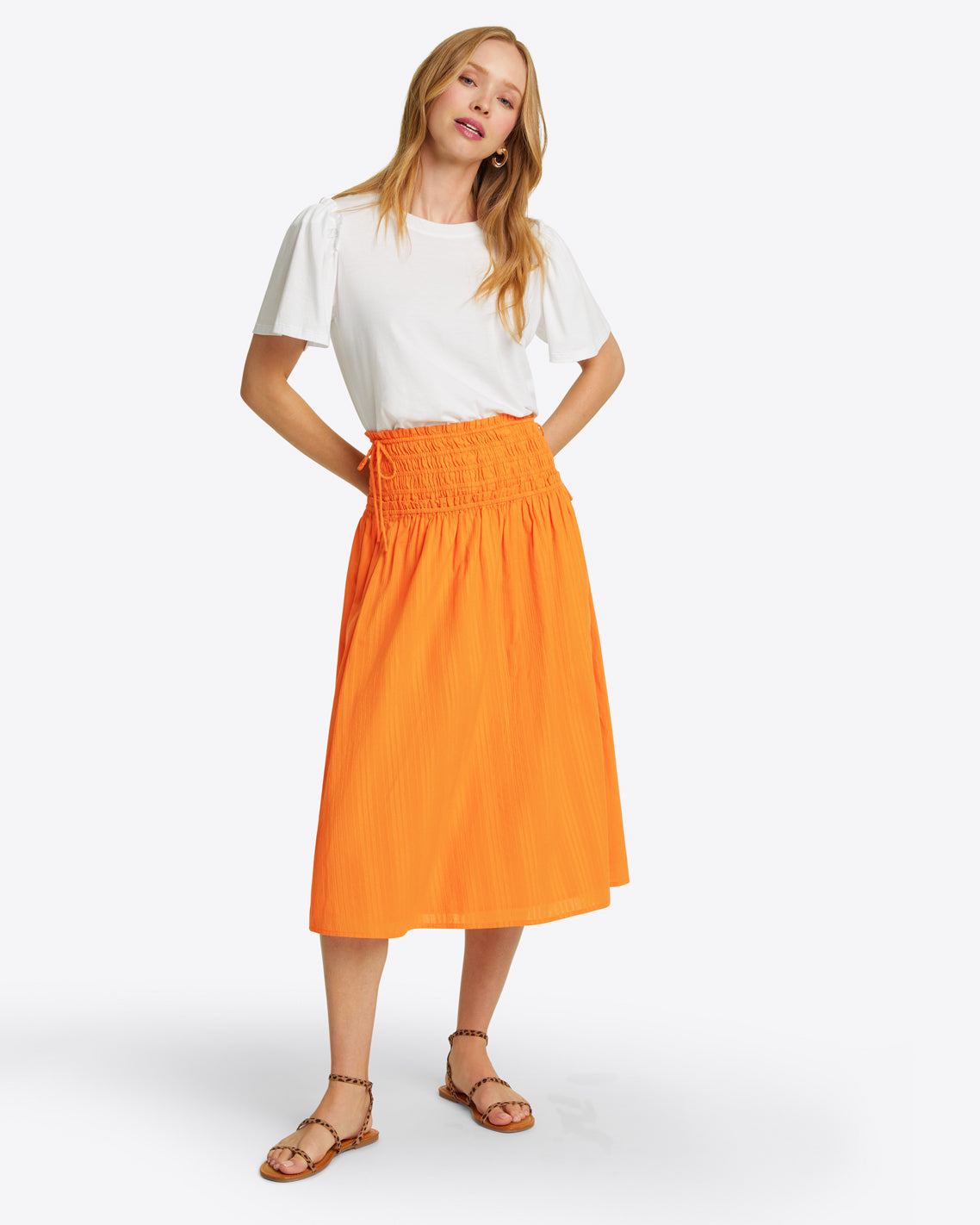 Smocked Waist Midi Skirt in Marigold Dobby Stripe