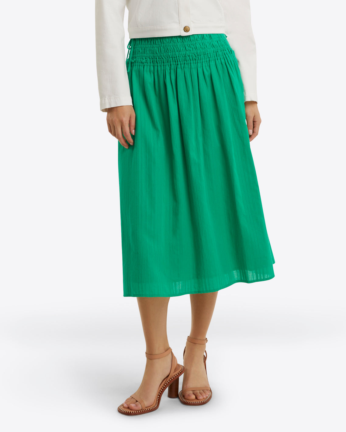 Smocked Waist Midi Skirt Cotton Dobby