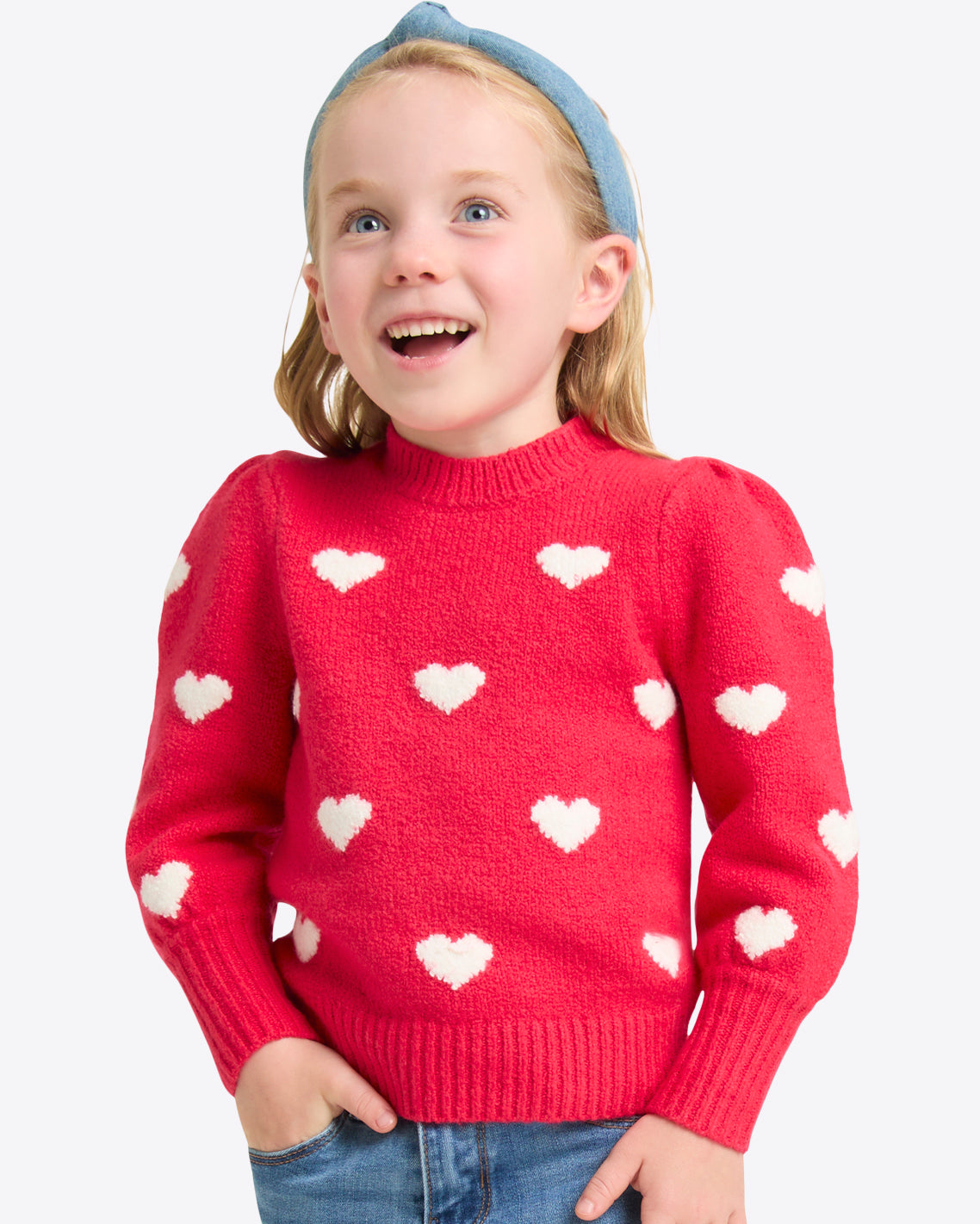 Kids Puff Sleeve Heart Sweater in Red