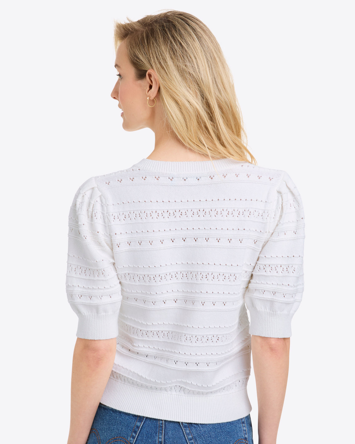 Annabelle Short-Sleeve Sweater in White Pointelle