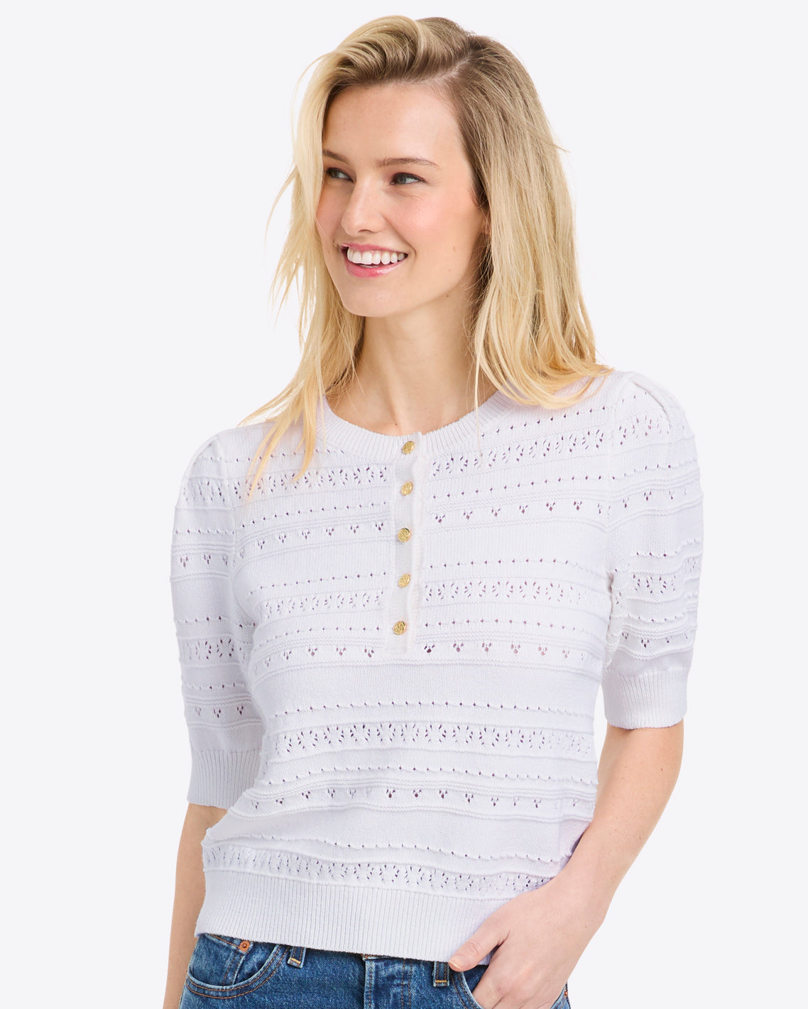 Annabelle Short-Sleeve Sweater White Pointelle