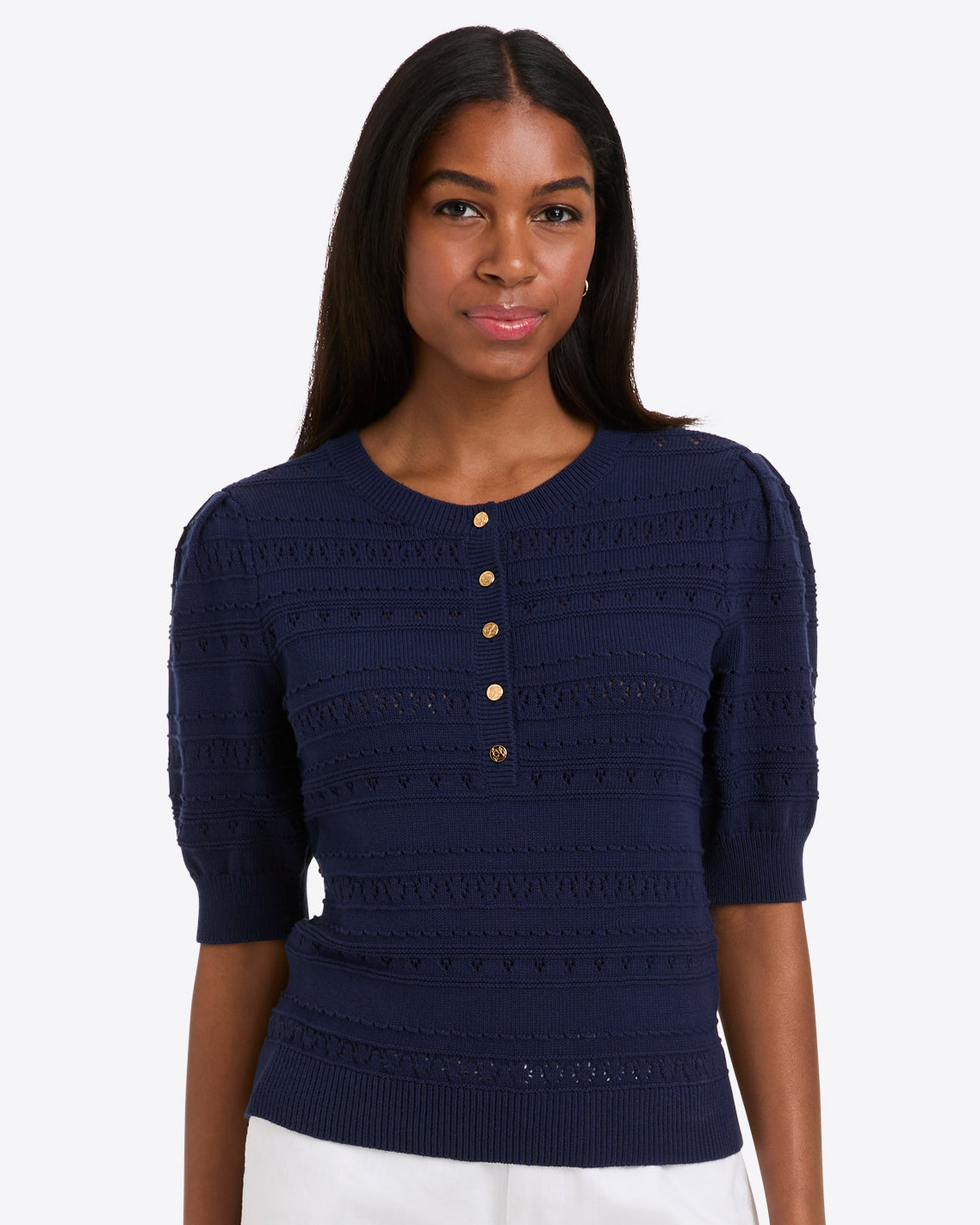 Annabelle Short-Sleeve Sweater in Navy Pointelle