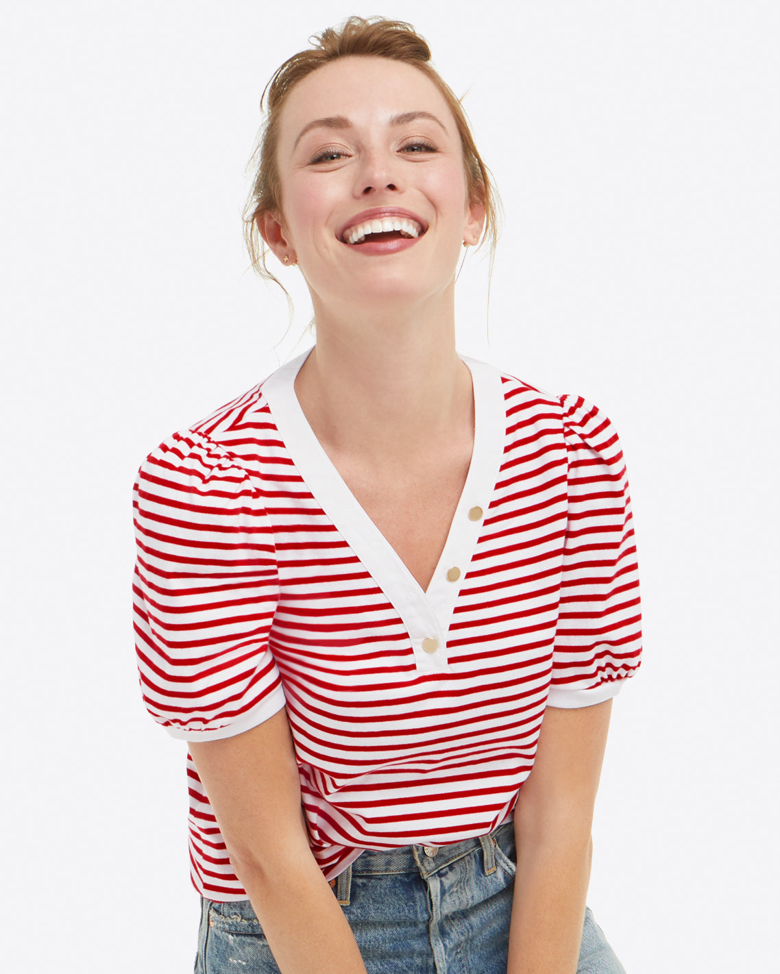 V-Neck Puff Short Sleeve T-Shirt in Lipstick Red Mariner Stripe