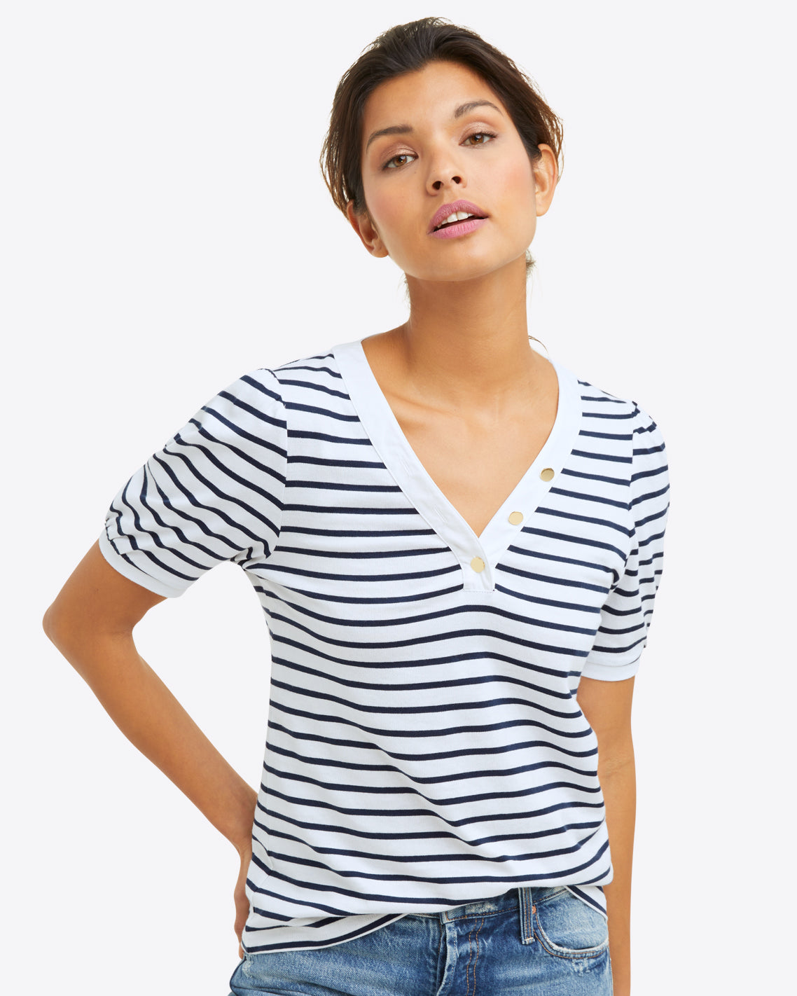 V-Neck Puff Short Sleeve T-Shirt in Nassau Navy Mariner Stripe